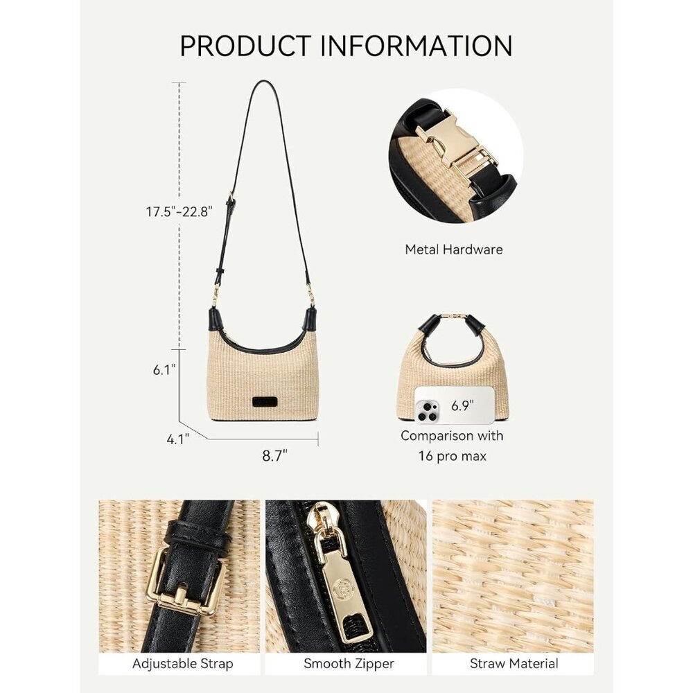Women Straw Crossbody Bag Raffia Clutch Shoulder Handbag Summer Beach Black - Picture 3 of 6